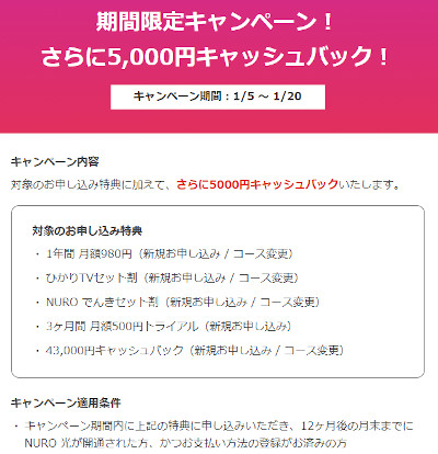 NURO光キャンペーン 追加で5,000円キャッシュバック